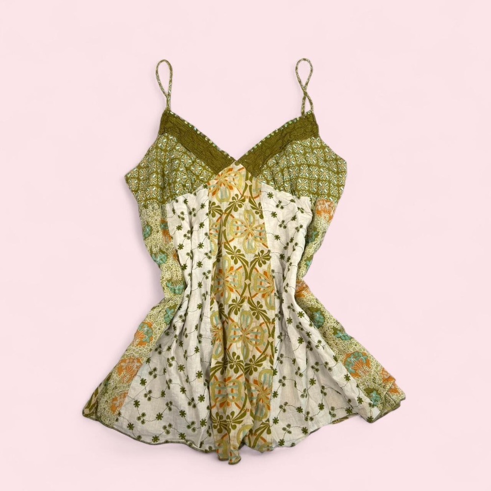 Vintage y2k No Boundaries green paisley patchwork fairy boho babydoll tank top
